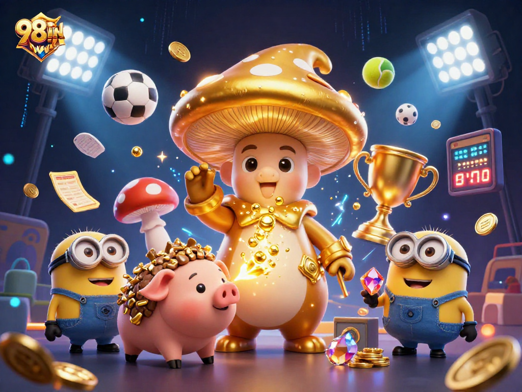 98WIN transforms gameplay with a magical golden wizard, a treasure-hunting pig, and energetic sports elements.