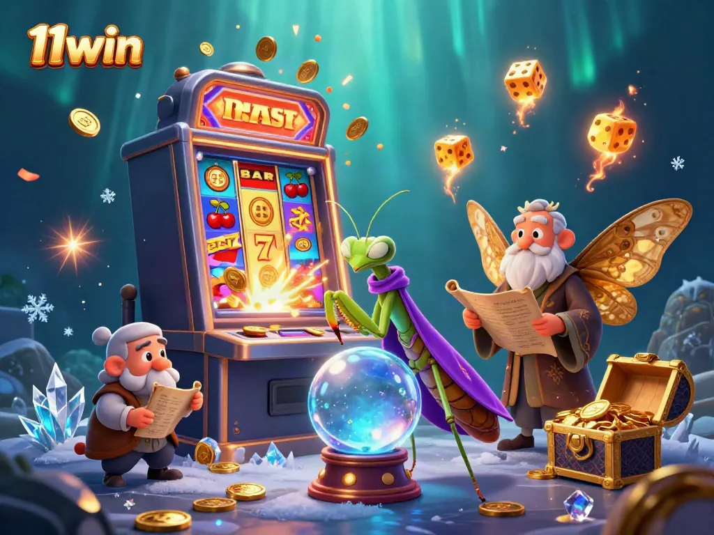 Experience the diverse games of 11win in a magical casino scene with vibrant characters and elements.