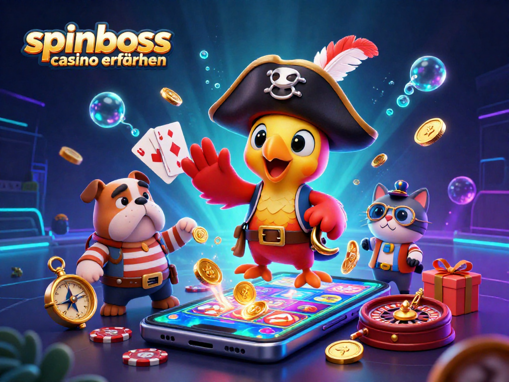 Spinboss Casino Erfahrungen: 3D Szene mit einem Spielautomaten und Piraten-Thema.