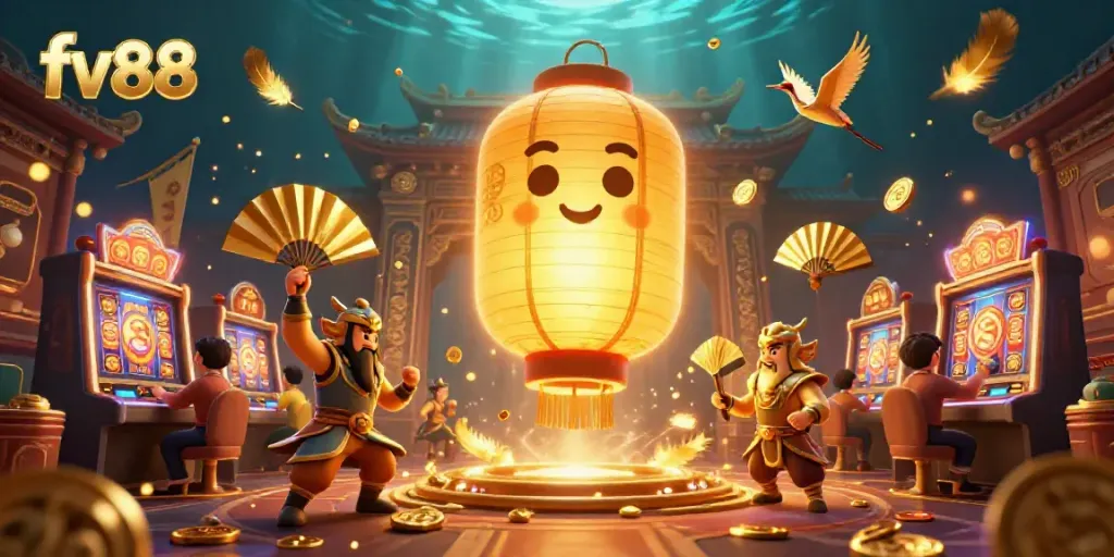 Experience thrilling gameplay with fv88's vibrant casino atmosphere featuring a lantern spirit and lucky symbols.