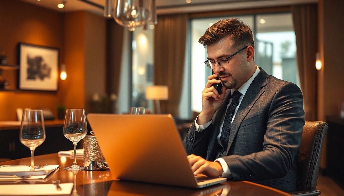 Headhunter Gastronomie spricht mit einem Kandidaten in einem modernen Büro, umgeben von gastronomischen Elementen.
