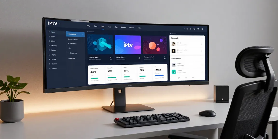 Iptv reseller dashboard showcasing subscription management on a modern developer's workspace with advanced technology elements.
