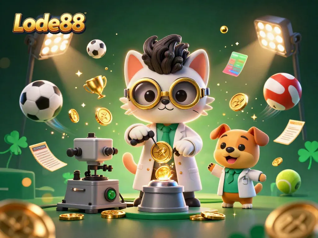 Experience thrilling gaming action with Lode88 as the animated mad scientist cat creates gold coins surrounded by vibrant sports elements.