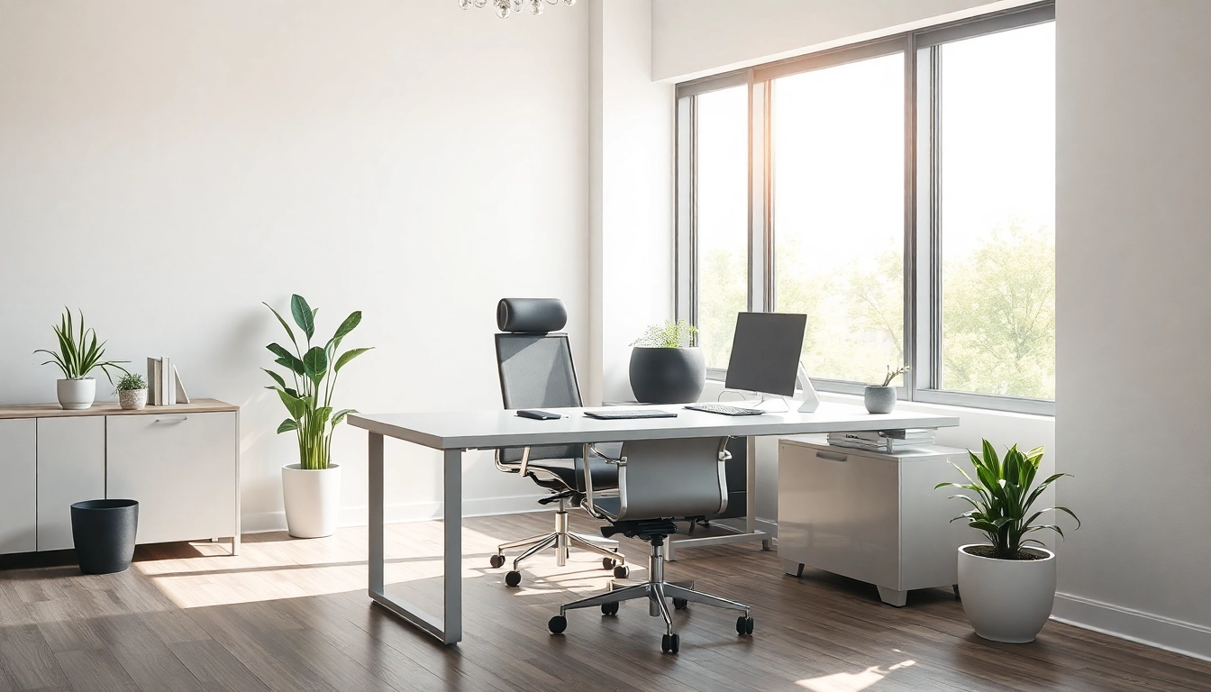 Modernes Büromöbel-Setup mit ergonomischem Schreibtisch und stilvollem Stuhl für eine produktive Arbeitsumgebung.