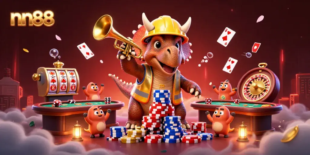 Experience the thrill with nn88 as cartoon creatures celebrate poker wins in an engaging casino scene.
