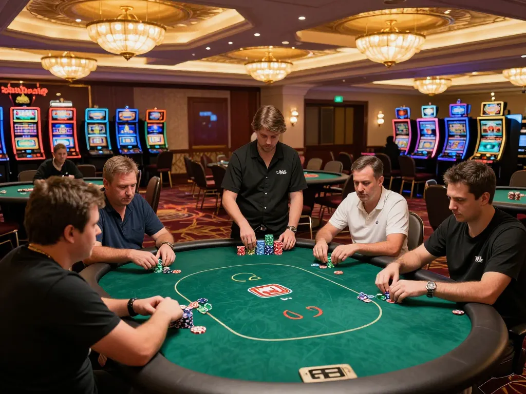33win players engaging in a thrilling poker game on a luxurious casino floor, showcasing strategy and excitement.