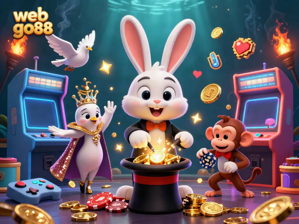 Spin to win with web go88 as a magician rabbit pulls golden coins amidst vibrant gaming elements.