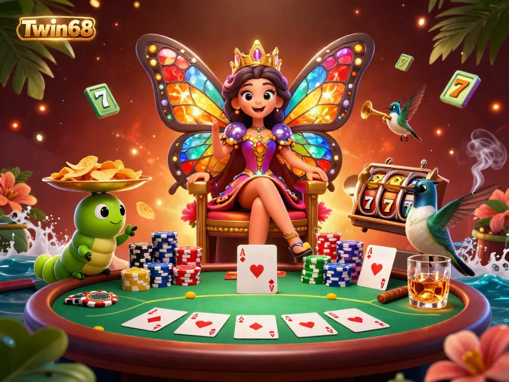 Twin68 brings excitement with a cartoon butterfly queen and vibrant poker elements in a colorful casino setting.