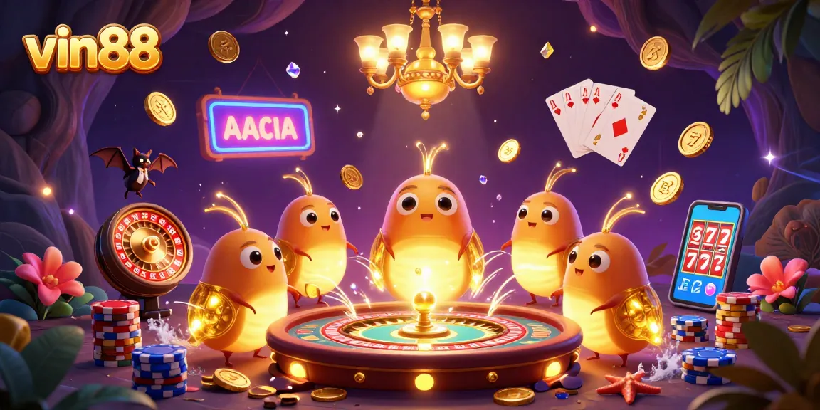 Experience exciting gaming at vin88 with a vibrant 3D cartoon casino scene.