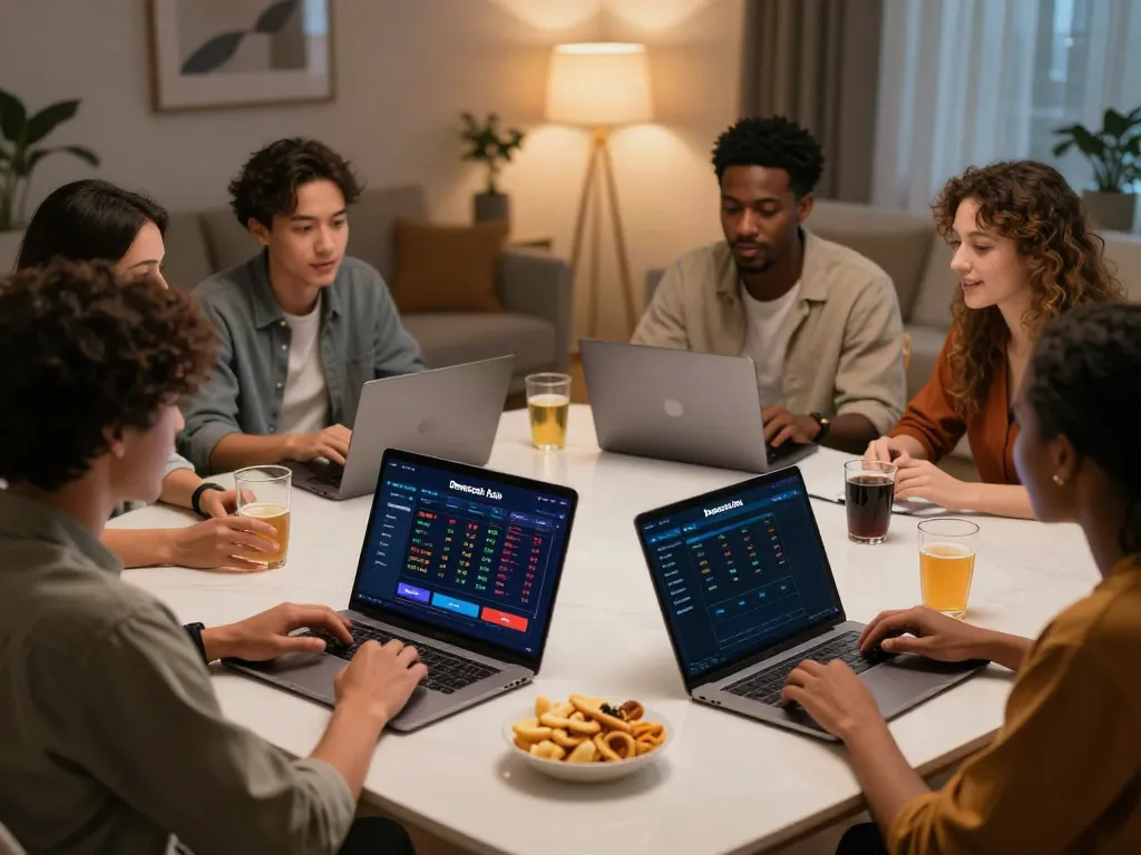 Dewacash Asia online betting scene with friends analyzing gaming strategies.
