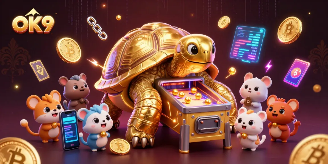 Experience thrilling betting excitement with OK9's vibrant gaming visuals featuring cartoon characters and crypto elements.