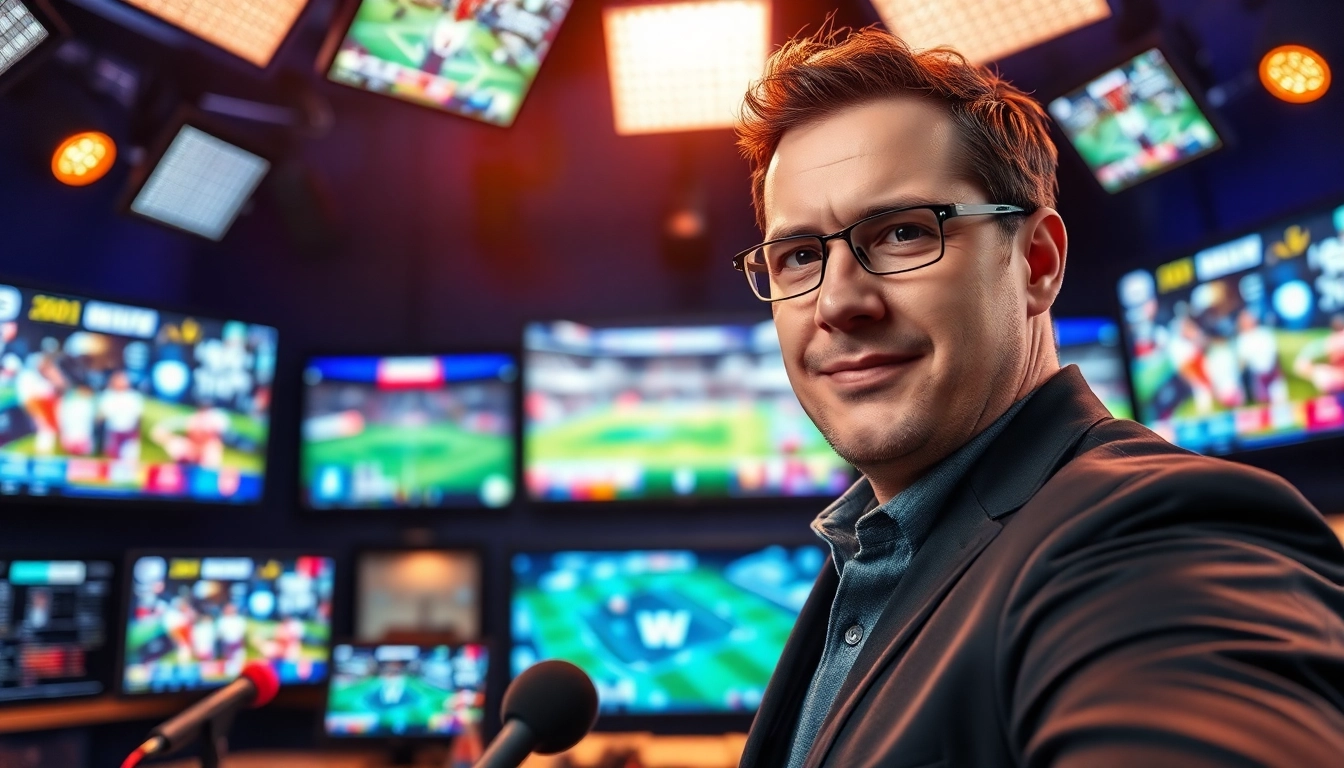 Engaging scene of sports broadcasting featuring a professional broadcaster in action.