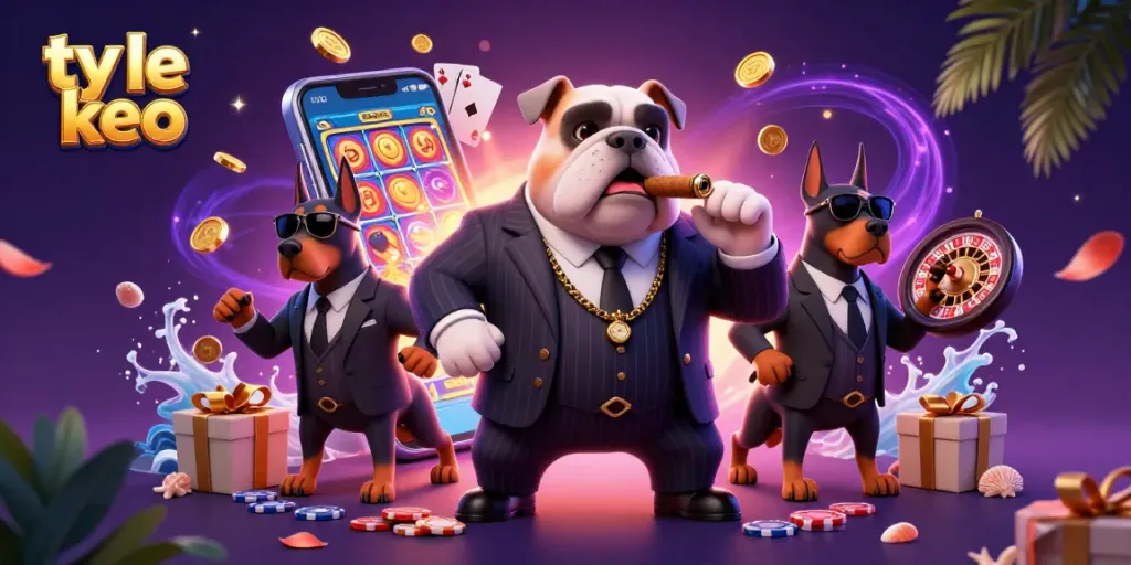Experience engaging ty le keo gameplay with a mafia boss bulldog and Doberman bodyguards amidst vibrant casino elements.
