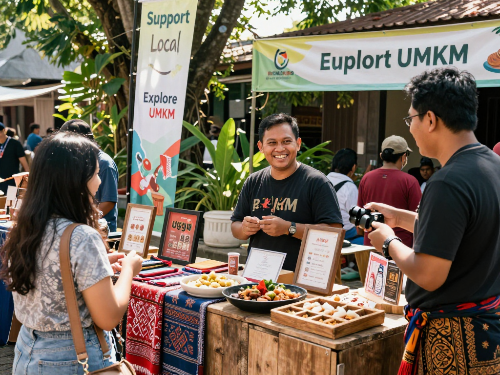 Vibrant local market scene featuring rokok88 products, artisans showcasing unique handmade crafts.