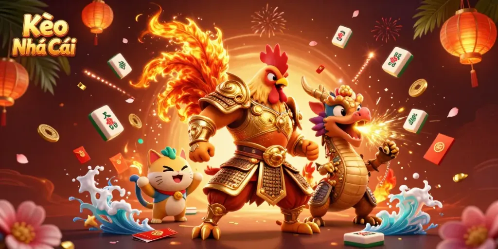 Engage in Kèo Nhà Cái with a vibrant illustration of a fighting rooster, dragon, and lucky cat surrounded by colorful gambling elements.