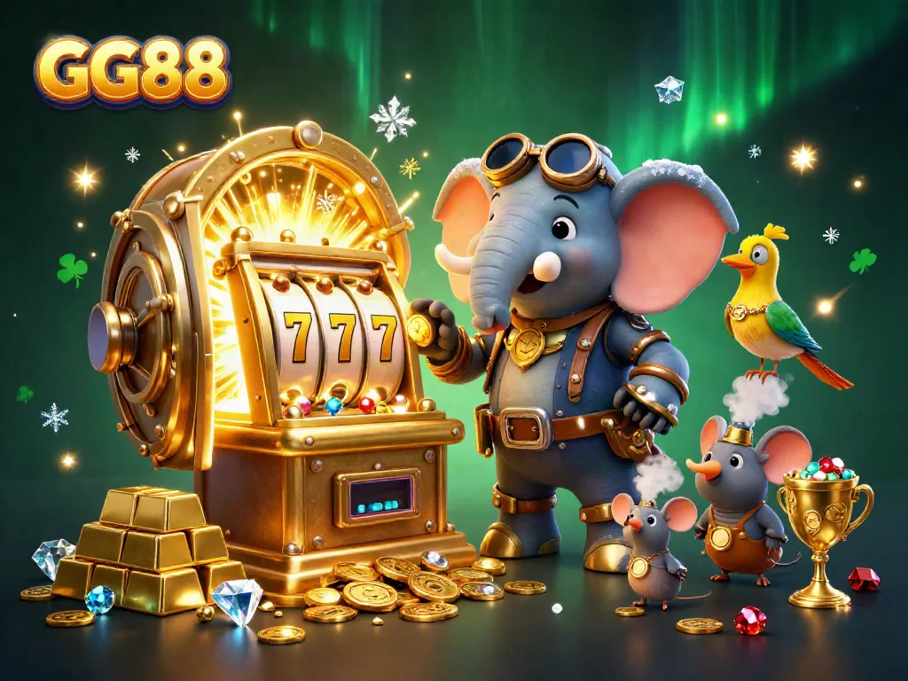 Spin the golden slot machine at GG88 casino, surrounded by treasures and vibrant animations.
