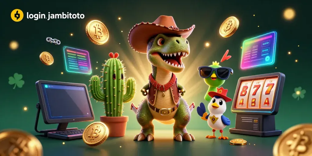 Engage with login jambitoto through this vibrant casino illustration featuring a cowboy dinosaur and crypto elements.