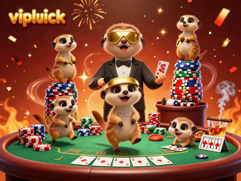 Experience thrilling gaming at Vipluck Casino with clever meerkats engaging in various casino activities.