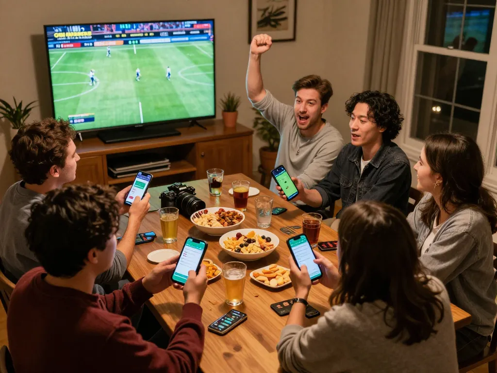 People enjoying F168 sports betting at home, celebrating wins while using smartphones.