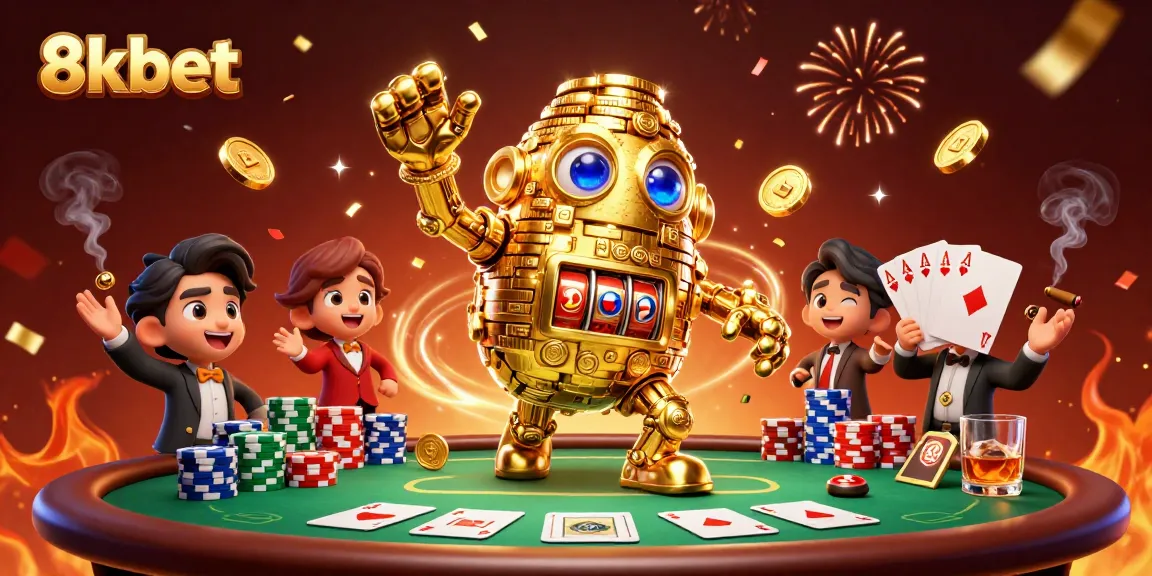 Experience thrilling gameplay with 8kbet featuring a dynamic illustration of a golden golem amidst poker elements.