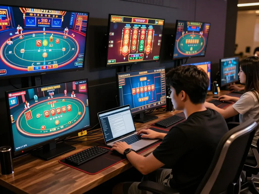 Engaging gaming setup at 23Win showing multiple screens of casino games, highlighting strategy and excitement in online betting