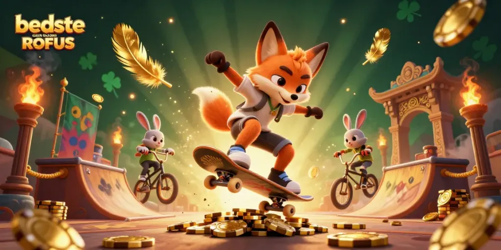 Experience thrilling action at bedste casino uden ROFUS with a dynamic 3D cartoon scene featuring exciting casino symbols.