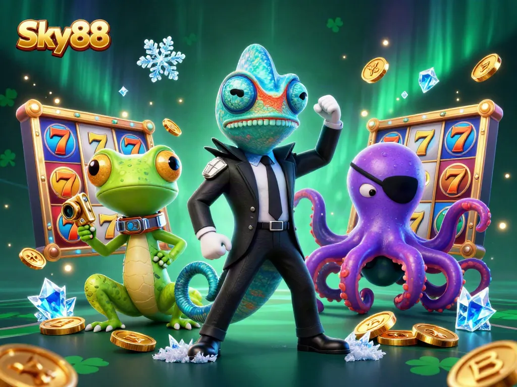 Engage in thrilling slot games with Sky88, featuring vibrant characters and dynamic casino elements.