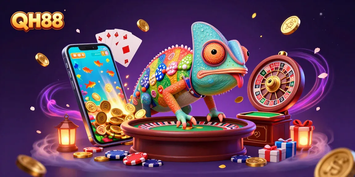 Experience thrilling fish shooting with QH88, featuring a vibrant chameleon and explosive wins.