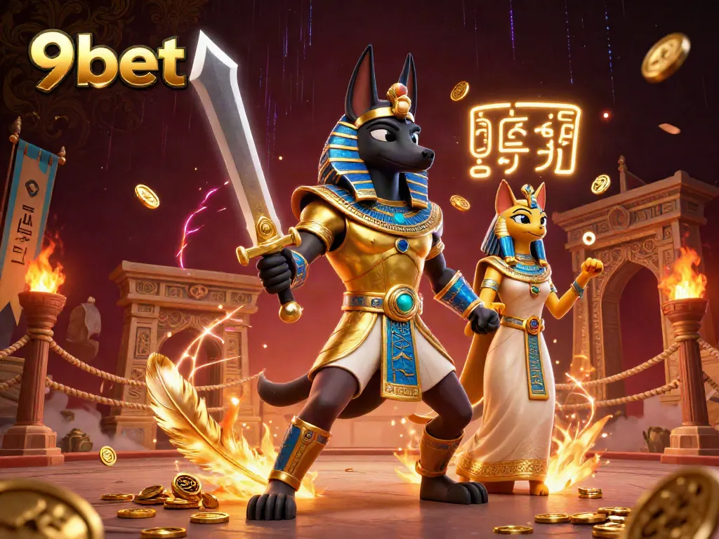 Experience exciting games at 9bet with Anubis and Bastet in a vibrant online casino setting.