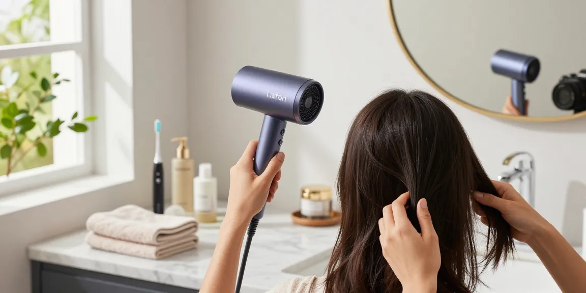 Hochwertiger Laifen Föhn im Einsatz zum Stylen der Haare in einem modernen Badezimmer, umgeben von Luxuspflegeprodukten.