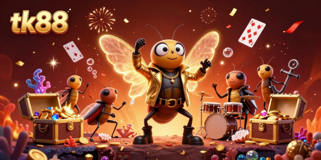 Engage in thrilling tk88 gaming adventures featuring a rock star cicada, dynamic scenes, and golden treasures.