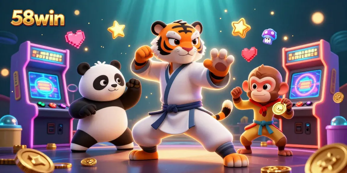 58win presents an engaging casino experience with animated gaming characters surrounded by vibrant 3D gaming elements.