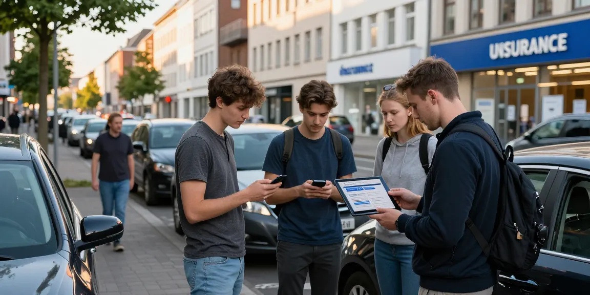 Kfz Versicherung in Dortmund: Junge Autofahrer diskutieren über Versicherungsoptionen auf einer belebten Straße.