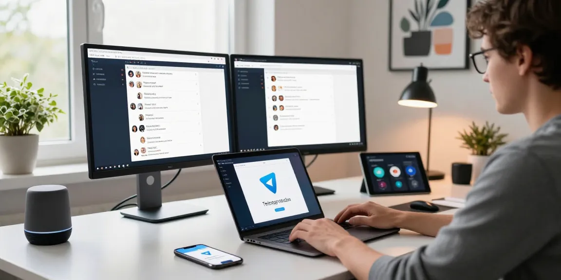 Using Telegram Web on a laptop in a modern workspace with dual monitors and vibrant chat