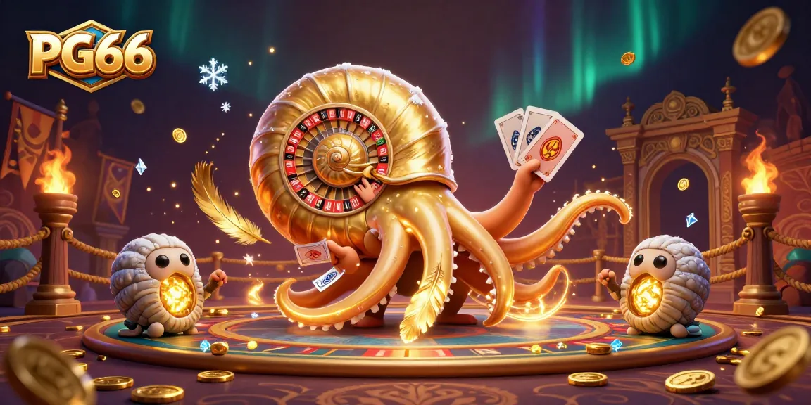 Engage in thrilling gaming with PG66's vibrant 3D casino illustration showcasing a giant nautilus roulette.