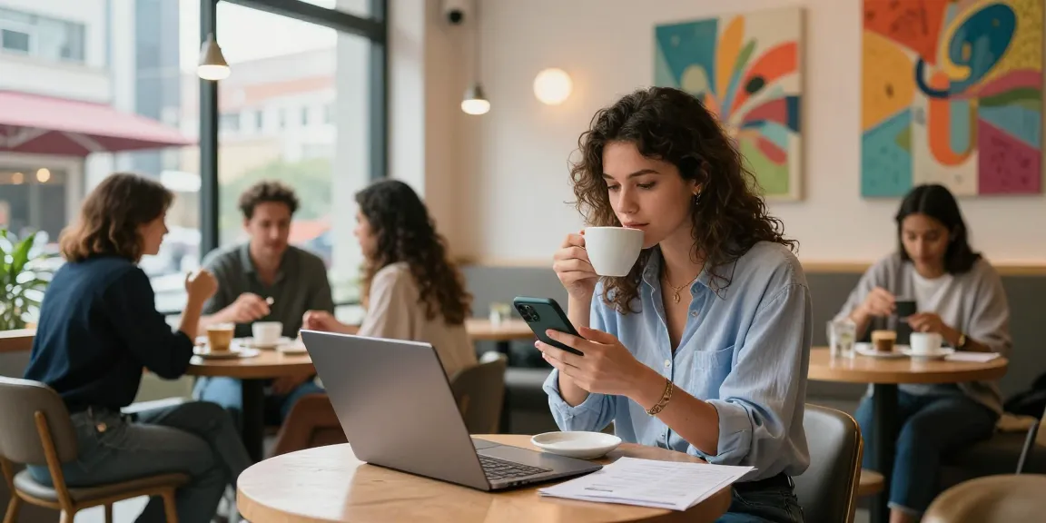 Young woman enjoying rokok88 in trendy cafe while socializing and working.