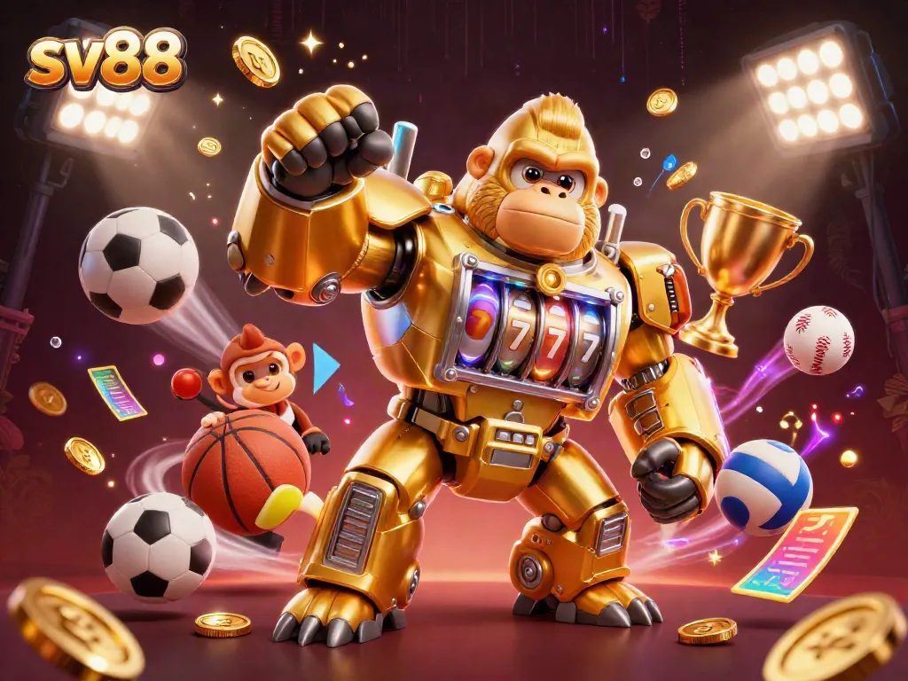 Bet on sports with sv88 and its dynamic gaming ambiance featuring a golden gorilla mech.