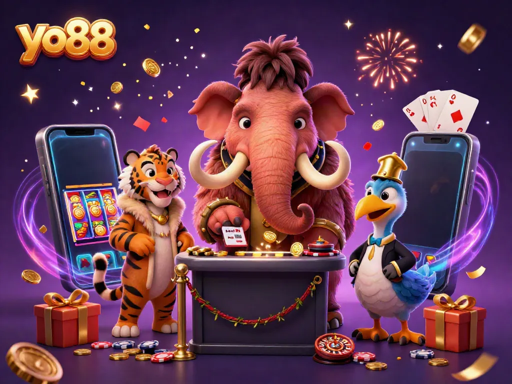 Experience thrilling wins at yo88 with unique characters at a vibrant casino entrance.