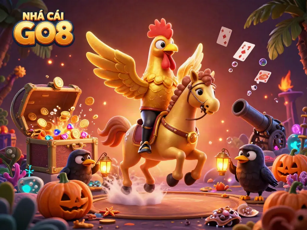 Experience the excitement of NHÀ CÁI GO8 with an animated golden rooster in a vibrant casino.