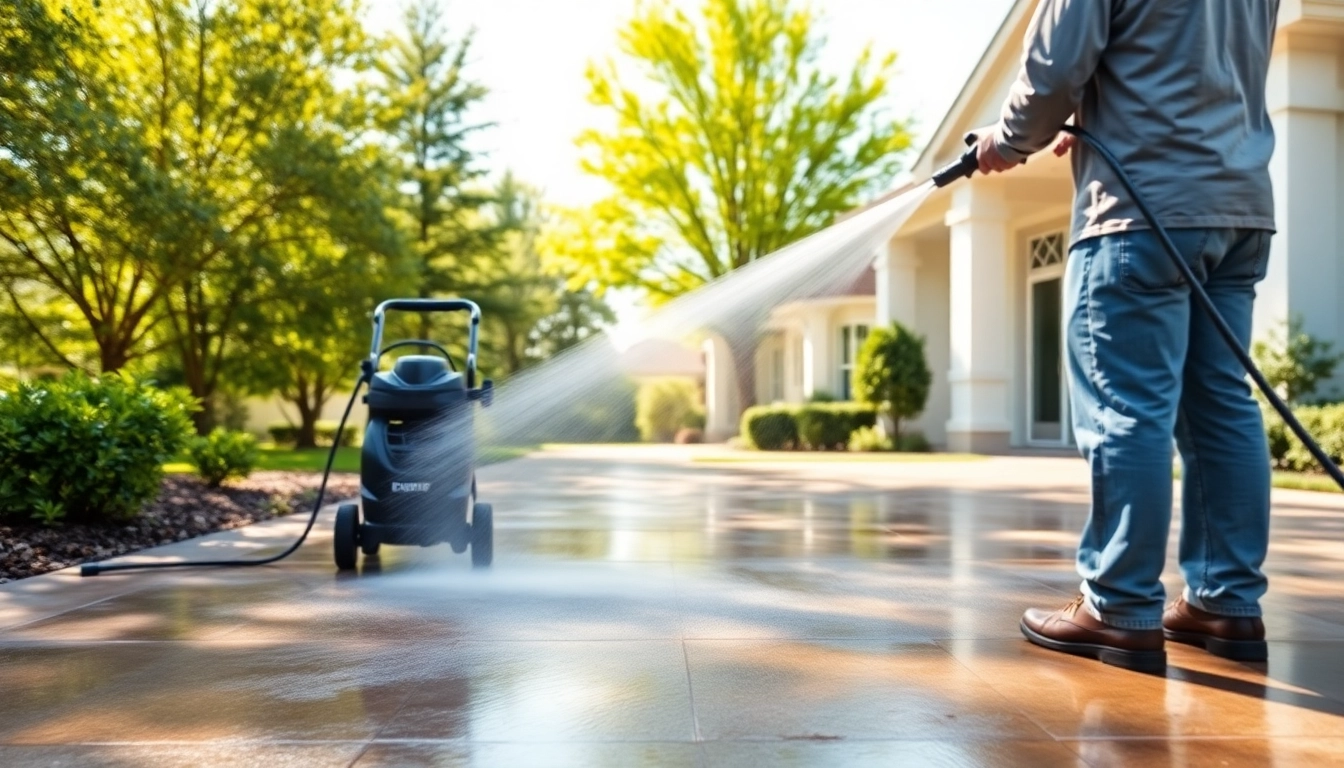 Concrete cleaning in progress at a Kissimmee residence, showcasing effective pressure washing service.