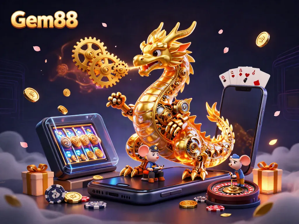 Experience thriving energy at Gem88 with a golden dragon and dynamic casino elements.