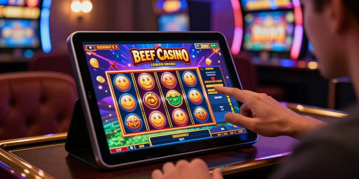 Beef Casino Spieler mit Tablet und bunten Spielen im Online Casino Ambiente.