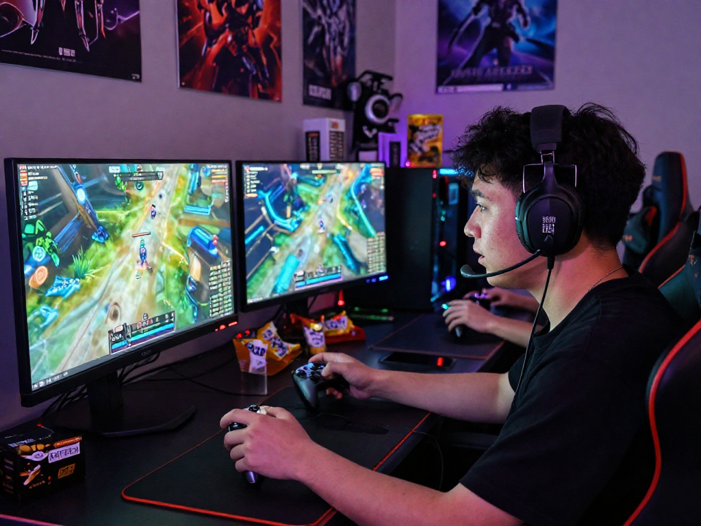 Intense gaming session featuring player engaged with rokok88 on dual monitors