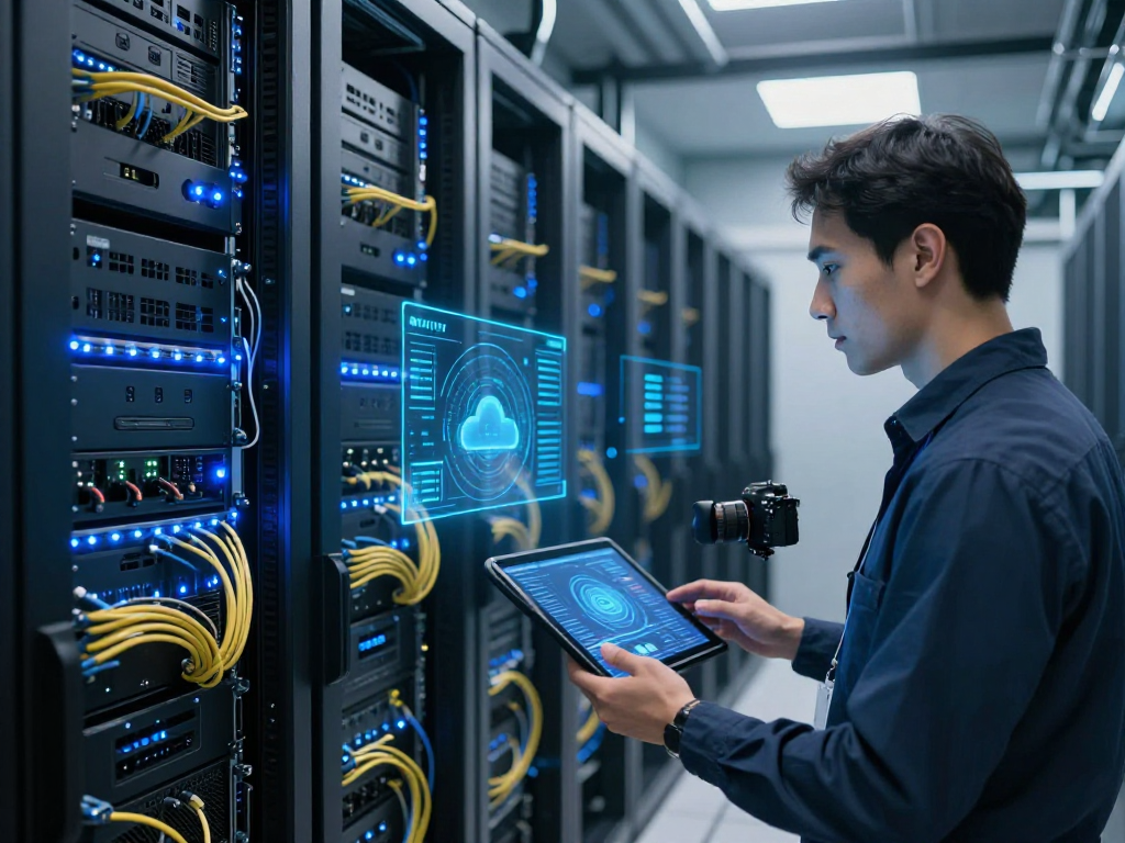 Iptv reseller technology in a cloud computing environment, showcasing advanced data centre systems and cybersecurity protocols.