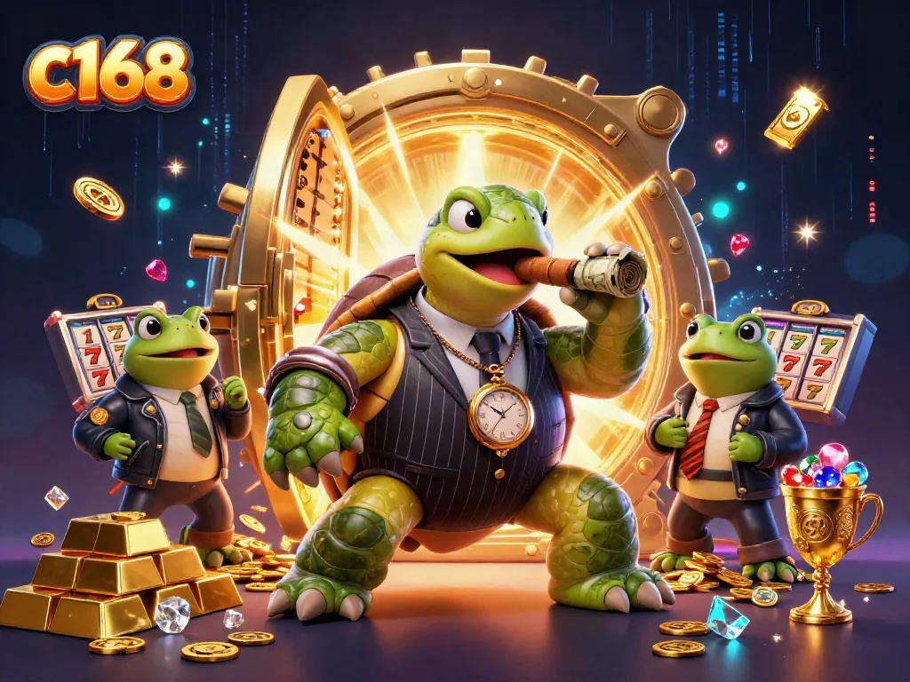 c168 gaming characters celebrate with treasures, slot symbols, and vibrant atmosphere in a casino setting