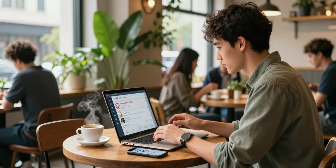 Instagram Follower kaufen: Junger Profi in einem Café, Instagram auf Laptop nutzen.