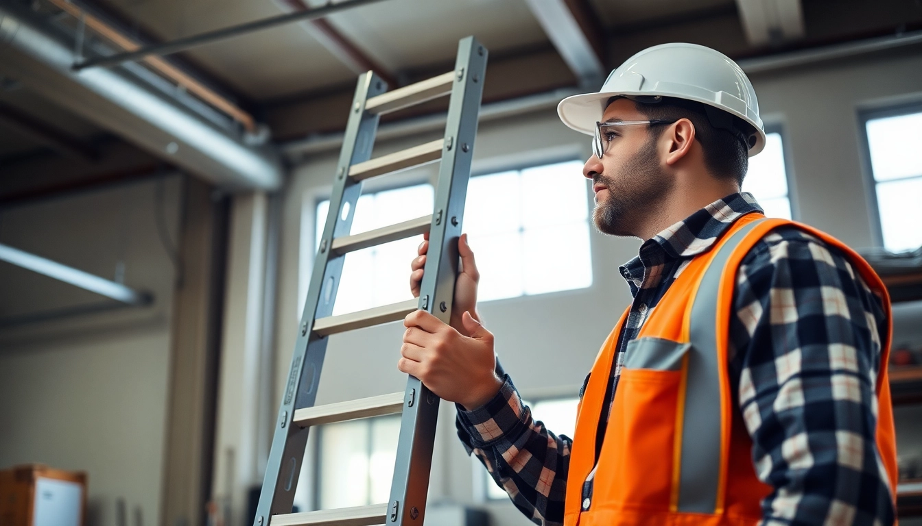 Leiterprüfung durch einen Experten in einem sicheren, gut beleuchteten Arbeitsumfeld.