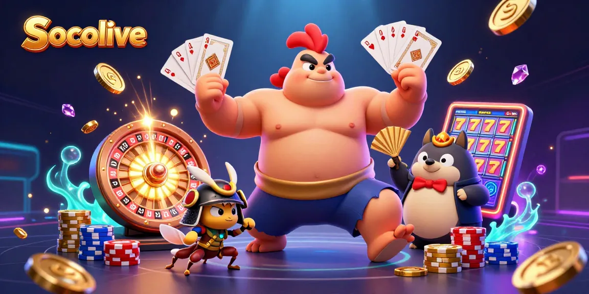 Socolive stream showcases a dynamic 3D scene with a powerful sumo wrestler rooster, samurai cricket, and a tanuki, amidst vibrant casino elements.