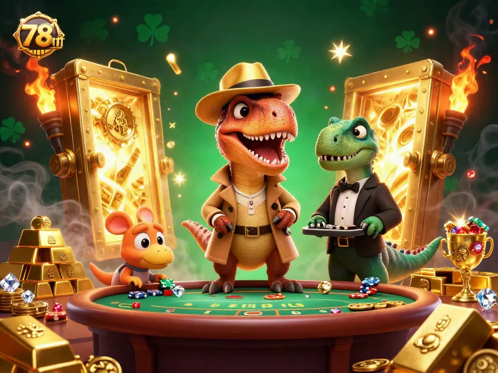 Experience impressive wins at 78win with a thrilling casino scene featuring animated characters.