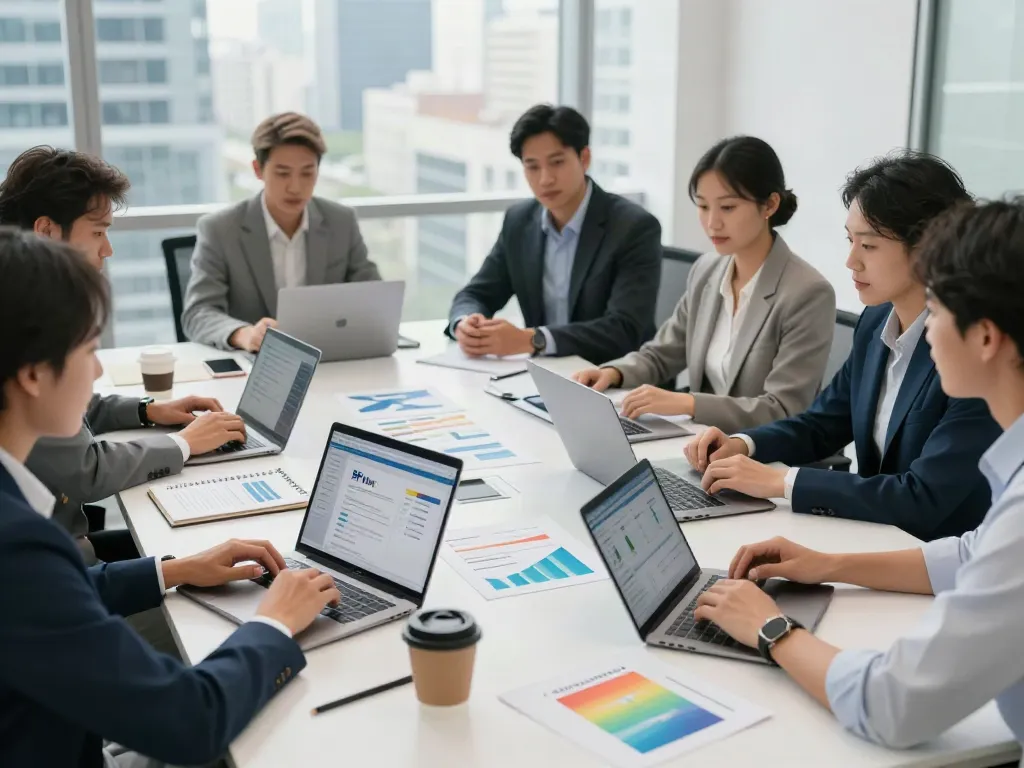 Equipe diversificada discutindo sobre serviços BPI Net Empresas em ambiente empresarial moderno.